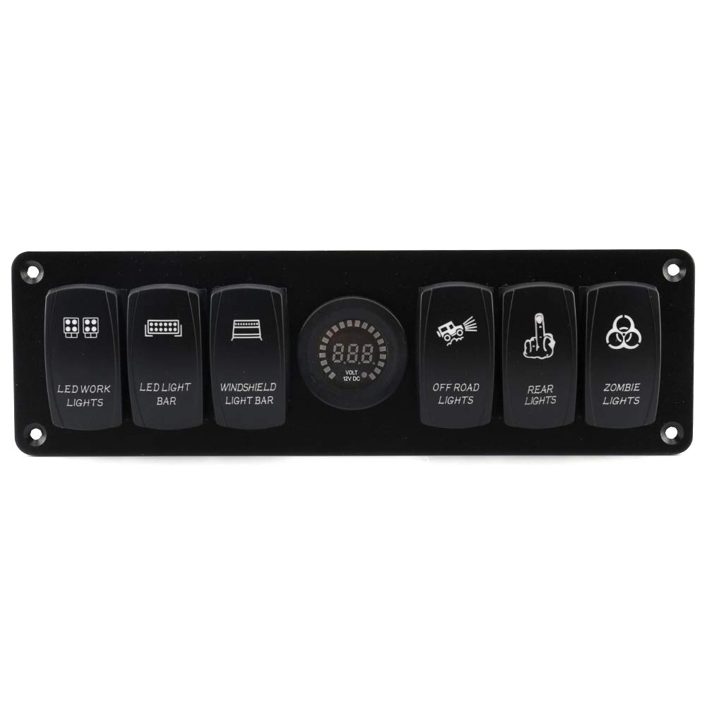 Fabater Panel Przełączników Kołyskowych 6-krotny, Zabezpieczenie Przed Przeciążeniem Zabezpieczenie Przed Zwarciem Woltomierz Cyfrowy LED DC12V 20A DC24V 10A, Wodoodporny Panel Przełączników