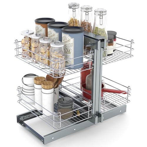 YORKING Blind Corner Pull Out Organizer for 900mm Cabinet, 2-Tier Kitchen Corner Pull Out Shelf Organizer with Soft Close & 4 Baskets, Min Opening 17 3/4'', Left Open & Right Open Compatible, Grey