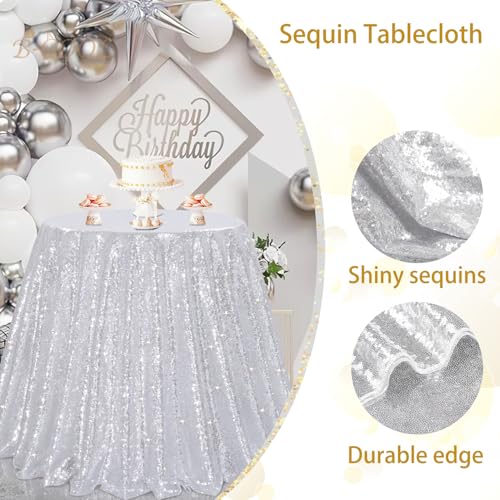 Image of B-COOL Sequin Tablecloth Round Party Decorations: 132 Inch Silver Tablecloth Sequin Overlay Glitter Fabric for Indoor and Outdoor Gathering Christmas Parties