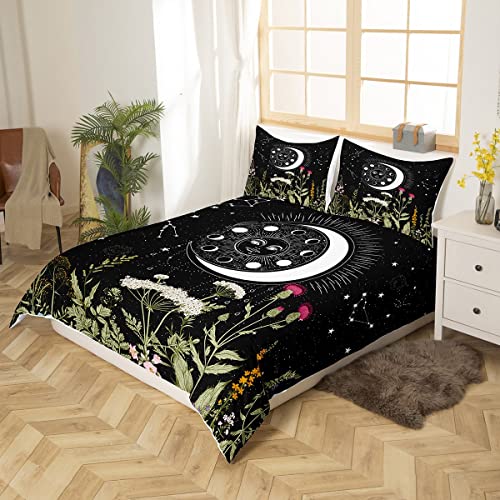 Sun Moon Kids Duvet Cover Set Stars Space Psychedelic Comforter Cover Boys Teens Black And White Queen Size Galaxy Bedding Set Botanical Branches Constellations Decor Quilt Cover With 2 Pillowcases #TOP2