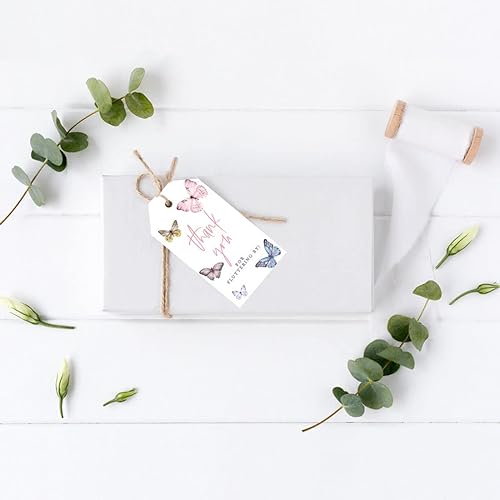 Miniatura 3 de Andaz Press Paquete de 40 etiquetas clásicas de agradecimiento para niños con cuerda, etiquetas de regalo de cumpleaños de mariposa para bolsas de
