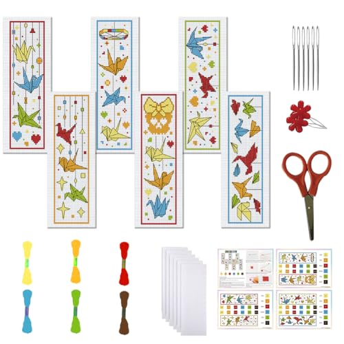 FREEBLOSS 6 Set Paper Cranes Cross Stitch Bookmark Kits,DIY Bookmarks Cross Stitch Kits