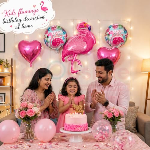 Image of Propsicle Flamingo Theme Foil Balloons Set Pack of 5 Pink Flamingo Heart Balloons Happy Birthday Round Balloon Tropical Decoration for Kids Birthday Pool Beach Theme Setup Supports Helium Air