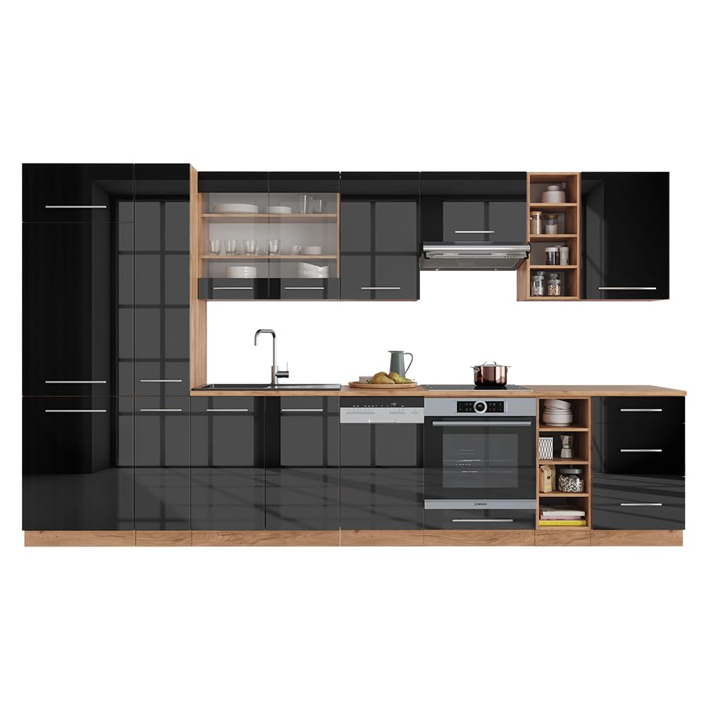 Vicco Cuisine Fame-Line, Anthracite Brillant/Chêne doré, 355cm, PT Chêne, adapté à Une Extension individuelle avec des modules supplémentaires
