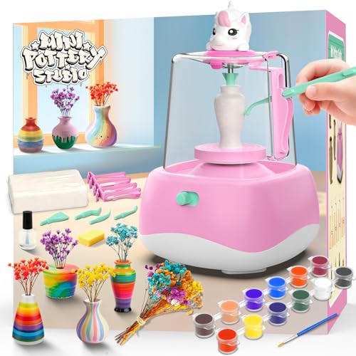 Mini Pottery Wheel for Kids - Pottery Painting Craft Kit with 2.3in Turntable Clay Flowers Mess Free Arts and Crafts for Kid Ages 8-12 Birthday Christmas Gift Toy for Girls Ages 6-12+ Pink