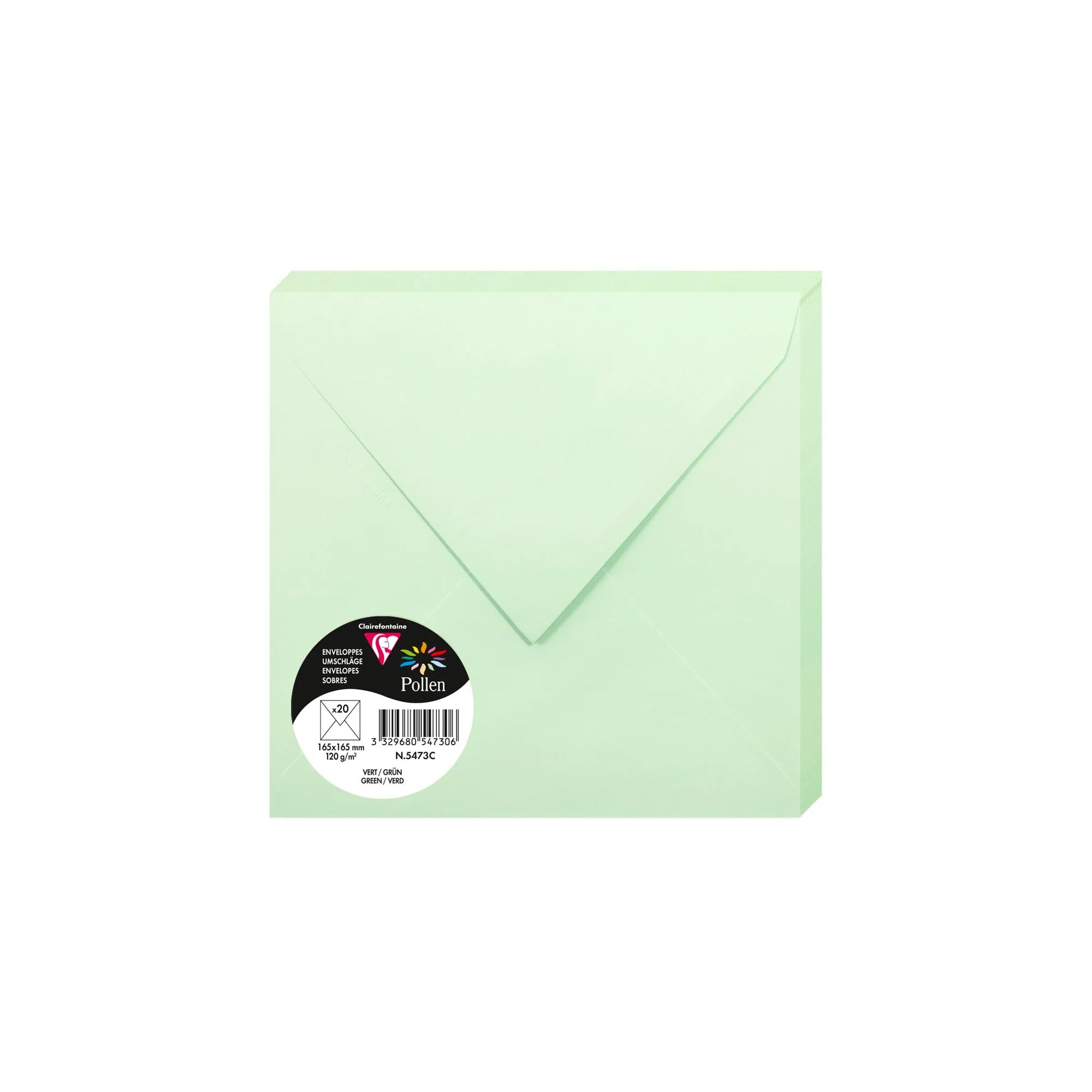 Clairefontaine 5473C Pack of 20 Gummed Envelopes Square Format 16.5x16.5cm 120g/m² Green Invitation Events Correspondence Pollen Range Premium Smooth Paper