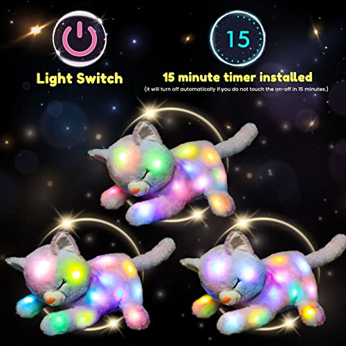 Hopearl Led Plush Cat Light Up Stuffed Mommy Cat With 3 Baby Kittens In Her Tummy Stuffed Animal Playset Night Lights Glow In The Dark For Mom Kids Toddler Girls, Rainbow, 18'' #TOP3