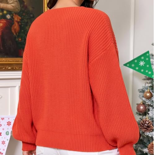Christmas Sweater Christmas Tops for Women V Neck Sweaters for Women Orange - image 3