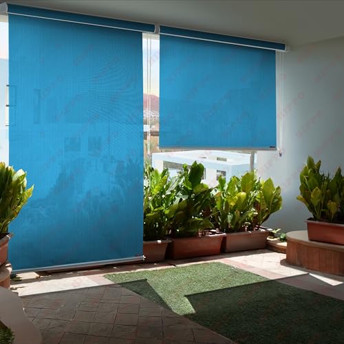 Image of HIPPO 180 GSM HDPE Outdoor Balcony Roller Blind with UV & Dust Protection- Smooth Corded Roll-Up & Down System, Light Filtering Shade for Balcony & Garden Use (Greece-Blues, 3FTX8FT)