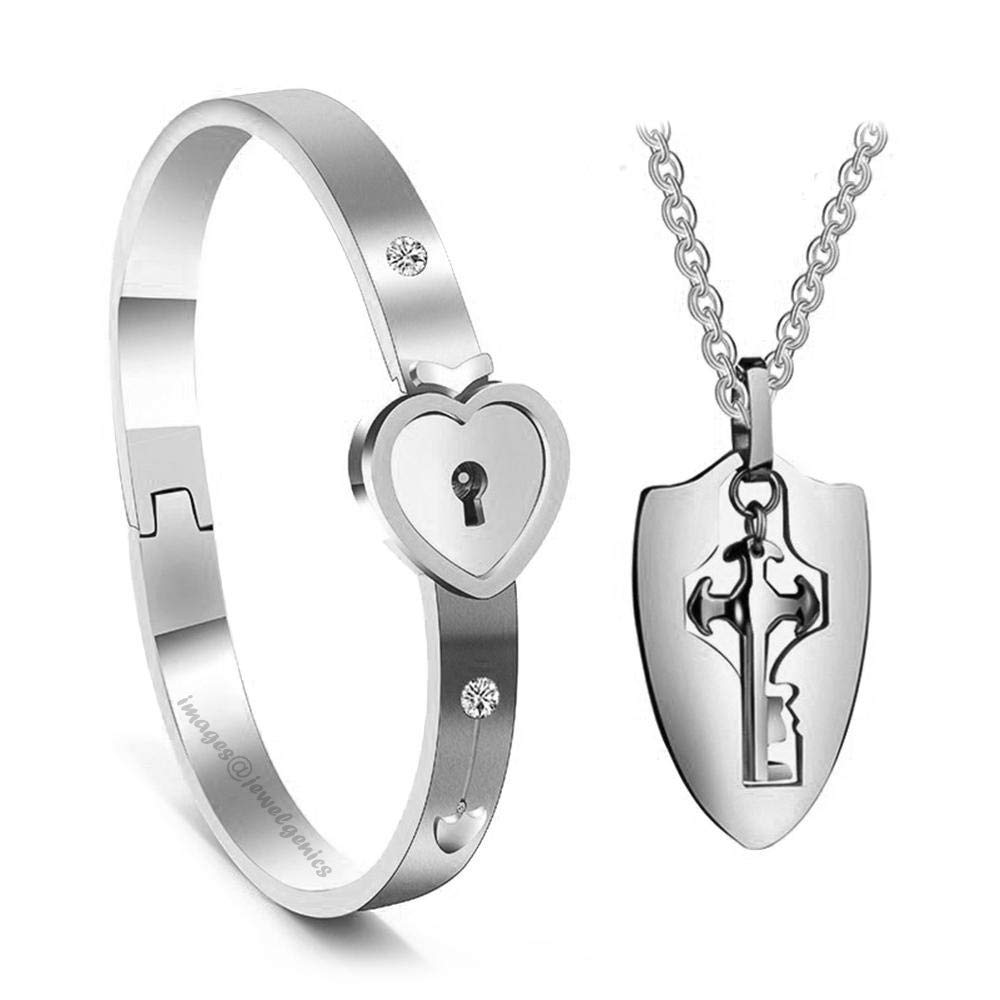 Jewelgenics Heart Lock and Key Silver Stainless Steel Cubic Zirconia Couple Bracelet Pendant Necklace Set for Men and Women (Oval Key) (B08Z37X119) Amazon Price History, Amazon Price Tracker