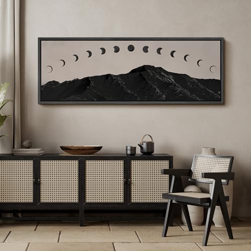 Image of MUDECOR Large Framed Canvas Print Wall Art Black Mountain Silhouette with Moon Phases Minimalist Antique Retro Ready to Hang Painting for Living Room Bedroom Multi-Sizes - 60 inchx20 inch
