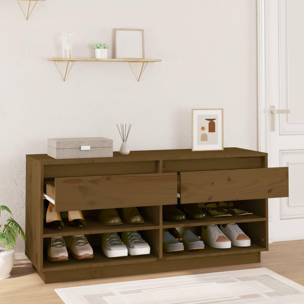 Schuhregal Honigbraun aus massivem Kiefernholz 110x34x52 cm, Schuhschrank mit 2 Schubladen und 4 Fächern, Stabiler Schuhständer für Flur, Diele, Schlafzimmer und Garderobe