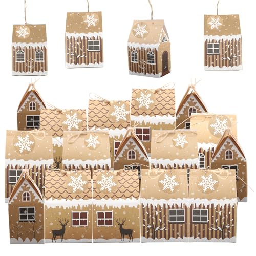 Calendario de Adviento vacío para llenar 24 cajas de casa de pan de jengibre reutilizable de papel Kraft DIY Navidad decoración de pared o árbol idea de regalo festivo con cuerda yute