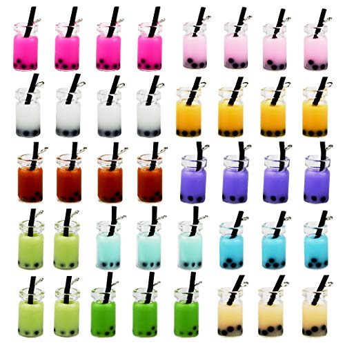 Tongcloud 40pcs Milk Tea Charms Pendant Colorful Milk Tea Drink Bottle Charms for DIY Jewelry Craft Earring Keychain Accessories Jewelry Crafts (40)