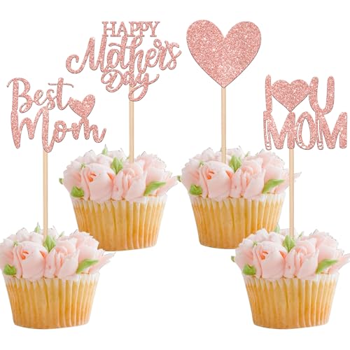Rsstarxi XM026-ROSE GOLD 24 Pack Happy Mother'S Day Cupcake Toppers Glitter Heart Best Mom I Love You Mom Cupcake Picks Decorations cover