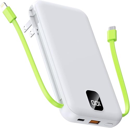 Cargador portátil con cables integrados y enchufe de pared de CA, cargador de batería de 10000 mAh, carga rápida USB C para iPhone, Samsung,