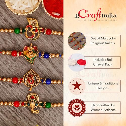 Image of eCraftIndia Set of 4 Multicolor Om Symbol, Lord Ganesha On Leaf, Om Symbol On Leaf, Lord Ganesha Religious Rakhis, Best Bro Ever Fridge Magnet with Roli Chawal Pack - Rakhi for Brother, Bhaiya, Bhai