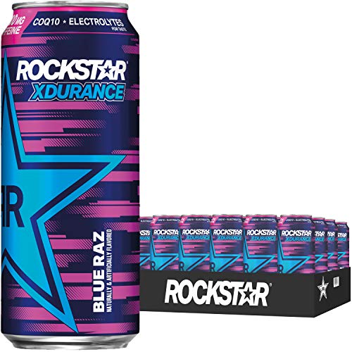 Rockstar XDurance Energy Drink, Blue Raz, 0 sugar COQ10 and Electrolytes, 16oz Cans (24 Pack) (Packaging May Vary)