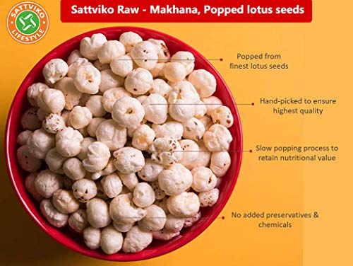 Image of Sattviko Makhana, Phool Makhana, Makana, Foxnuts, Makhane, Lotus Seeds for Eating, Raw Plain Phool Makhana, Vegan, Gluten Free, Non-GMO, Food yoga (200 gm - Pack of 1)