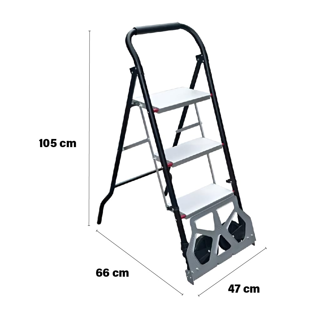 Scala-Carrello 2 in 1 - Pieghevole, 3 Gradini, Telaio di Acciaio, Ruote Pneumatiche, Portatutto, Design Anti-Scivolo, Resistente - Portata Massima 70kg