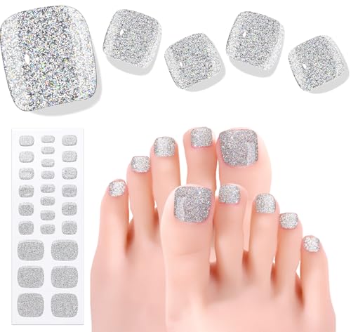 Beaolata Semi Cured Gel Nail Strips - 26 PCS Salon Quality Toe Gel Nail Stickers for All UV Light - Longlasting & Easy Remove Toe Wraps Art Kit for Women (Starry Silver)