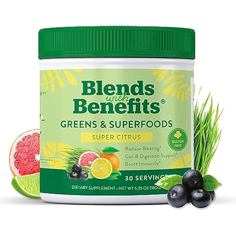 360 Nutrition Blends with Benefits Super Greens Powder w/Probiotics, Digestive Enzymes, Sugar & Gluten Free, Plant Based Superfood Drink Mix for Gut Health, Bloating, Immunity, Overall Health, 6.35 oz Cover