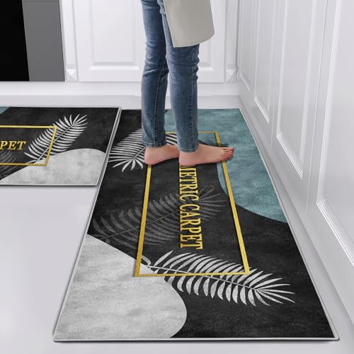 Hoimlm Küchenteppiche 2 Stück, Rutschfestes Küchenmatten, Küchenmatten Set Mit Schiebeaufkleber für Badezimmer/Wohnzimmer Flur, rutschfest Wasserdicht & Leicht abwaschbar (Style E, 43x75+43x150cm)