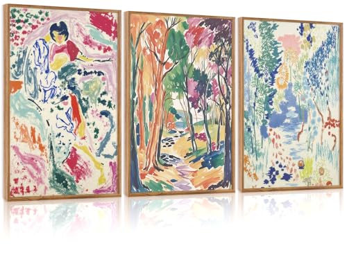CHDITB Abstract Matisse Canvas Wall Art Set Of 3, Modern Framed Gallery Wall Decor, Nature Colorful Tree And Garden Painting, Vibrant Botanical Aesthetic Art Prints For Office Bedroom Decor 12”X16”