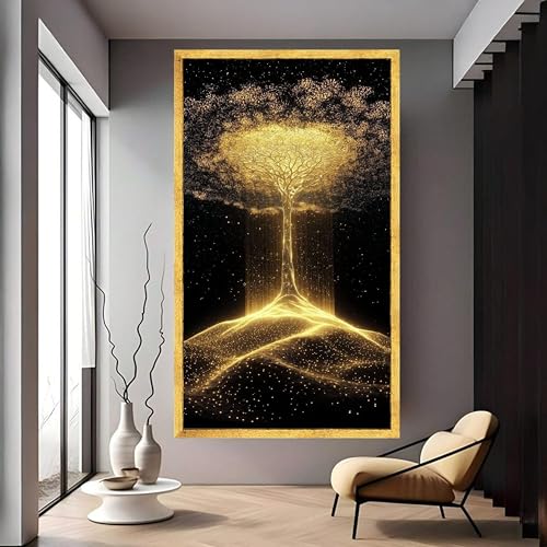 Tableau sur toile arbre doré illuminé pour mur vide de salon