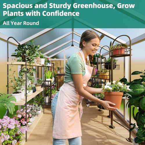 Garvee 6x10 FT Greenhouse - Aluminum Greenhouses for Outdoors, Large Polycarbonate Greenhouse with Roof Vent, Heavy Duty Walk-in Green Houses for Outside Garden, Backyard, Patio, Lawn, Easy Assembly