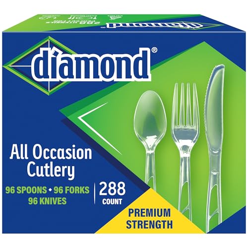 Diamond® All Occasion Clear Disposable Cutlery Set 288 Count – 96 Forks, 96 Spoons, 96 Knives, Premium Polystyrene, Crystal Clear, Party & Everyday Use
