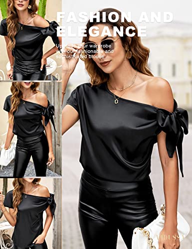 VIDUSSA Women's Off Shoulder Silk Tops Casual Short Sleeve Asymmetrical Neck Satin Blouse Shirts4
