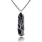 VIBILIA Healing Crystal Necklace Tree of Life Wire Wrapped Natural Black Agate Stone Point Pendant Necklace Hexagonal Reiki Spiritual Quartz Gemstone Jewelry for Women Men - Silver
