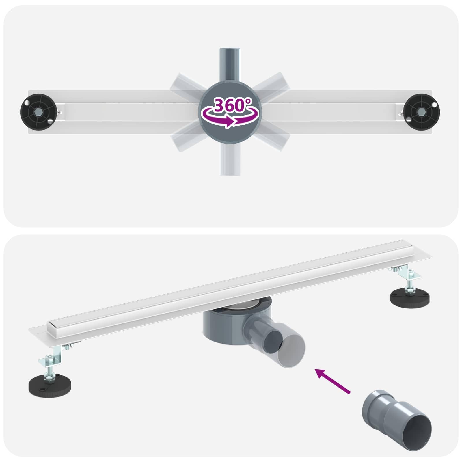 360° Duschablauf Edelstahl 304 Slim Modell Silber 60 cm mit höhenverstellbaren Füßen, geruchsverschluss, ablaufgarnitur, siphon, sieb, universal für dusche, badezimmer, küche