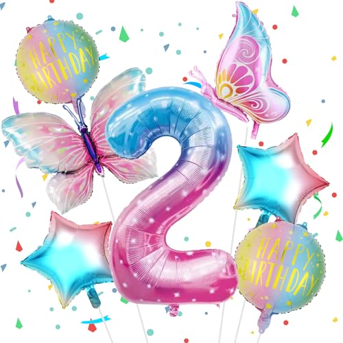 VUCDXOP Palloncino Compleanno 2 Anni Stella, 7pcs Stella Palloncini di Compleanno Set di Foil Palloncino Numero 2, Numeri Gonfiabili Palloncini 2,Compleanno Gonfiabili Pallone per Anniversario