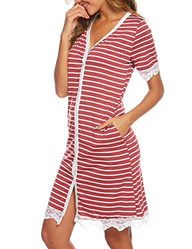 Maysoar Womens Nightgown Striped Button Down V Neck Lace Sleepwear Short Sleeve Nightdress For Women Red Large #TOP3