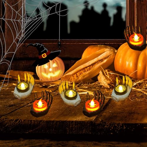 Image of YBB 12Pcs Halloween Skeleton Hands Candle Tea Lights, Novelty LED Flameless Skull Ghost Hand Lamps for Halloween Party Table Home Spooky Decor
