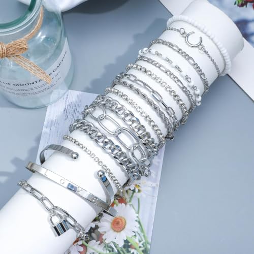 Image of NEWITIN 45 Pieces Silver Jewelry Set for Women Party Costume Punk Jewelry Set Goth Grunge Y2k Accessories Vintage Gothic Necklaces Bracelets Earrings Rings for Women Men