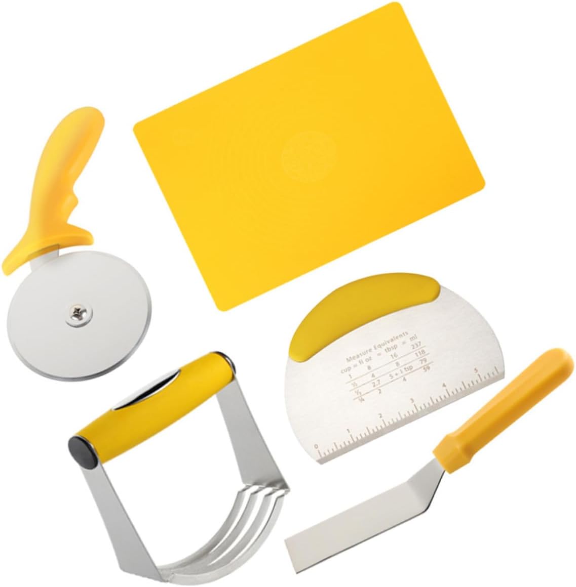 Cabilock 5pcs Stainless Steel Pizza Cutter Set with Silicone Dough Kneading Mat and Scale, Manual Dough Chopper Wheel and Baking Tool Kit for Home Kitchen Cooking