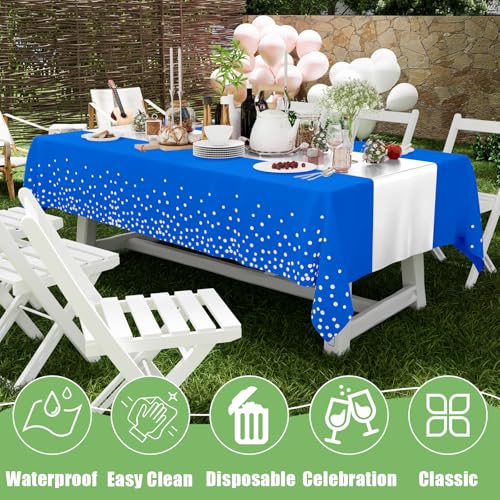 Image of Smiry Plastic Table Cloth Disposable 5 Pack, 54 x 108 Inch Rectangle Waterproof Tablecloth, Printed Gold Table Runner Style for Birthday Weeding, Party Decorations, Leakproof & Sturdy, Blue and Sliver