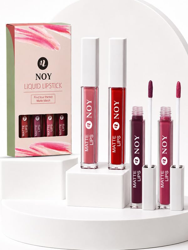 Image of Noy Matte Liquid Lipstick Set Bold Matte Pigment for a Fierce, Bold Look - Tan Nude, Red Magenta, Purple Wine, Venetian Red Shades Pack of 4