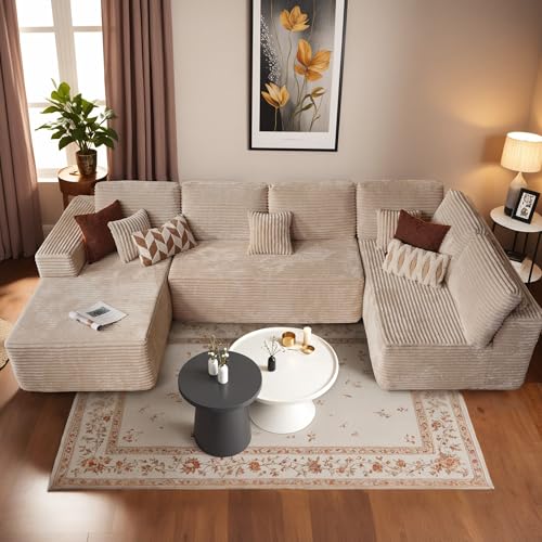 Image of HOOOWOOO Cloud Sectional Couches for Living Room,Modular Sectional Sofa No Assembly,133X70 Inch Plush Corduroy Large U Shaped Floor Couch Set with Deep Seat Chaise Lounge(Beige)