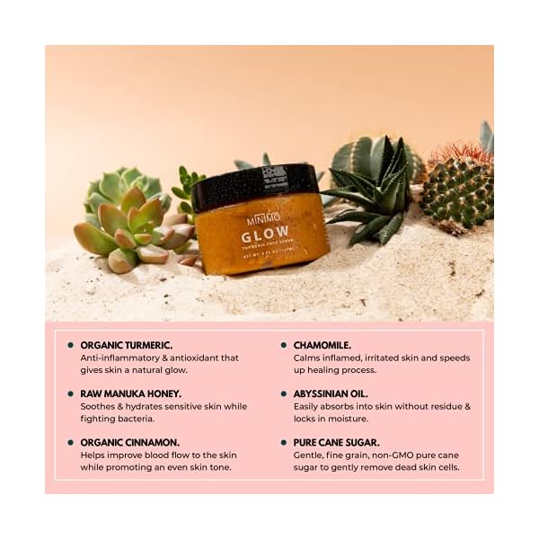 Minimo Glow Turmeric Face Scrub (ððð¦ð¨ð§ ððð¤ð) - Infused with Turmeric, Manuka Honey, Cinnamon, and Chamomile - Face Scrub for All Skin Types - Achieve Healthy Skin