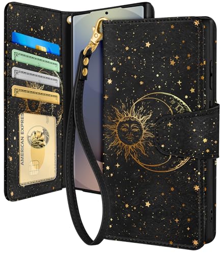 Toycamp for Samsung Galaxy S25 Ultra Wallet Case with Wrist Strap - Leather Flip Folio Phone Case with RFID Blocking 4 Card Slots Galaxy S25 Ultra Funda Cute Aesthetic for Women Lady Black Sun Moon