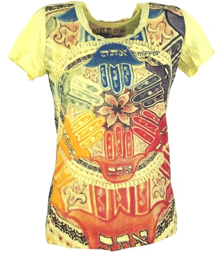 GURU SHOP Mirror Damen T-Shirt-Shirt - Mandala/Gelb, Baumwolle,...