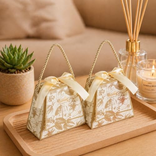 Image of SATYAM KRAFT 20 Pcs Decorative Gift Box with Handle & Ribbon Premium Floral Printed Packaging Small Paper Box for Gifting, Storage, Return Gift, Wedding, Birthday, Chocolate, Dry Fruit (off white)