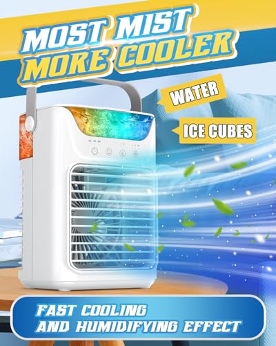 Aire acondicionado portátil, mini aire acondicionado mejorado 2024 con 3 nieblas y velocidades, 3 temporizadores y 7 colores LED, ventilador portátil de unidad de aire acondicionado pequeño para
