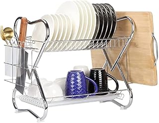 HORLIMER 2 Tier Dish Drainer Rack for Kitchen Countertop or Sink, Plate Draning Rack with Cutting Board Rack, Cutlery Holder and Drip Tray, Chromed Heart Frame Design, Silver