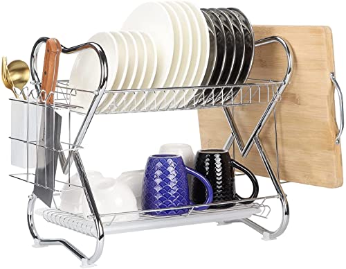 Horlimer Égouttoir à vaisselle à 2 étages pour comptoir de cuisine ou évier, égouttoir à assiettes avec planche à découper, support à couverts et plateau d'égouttement, design cœur chromé, argent Cover