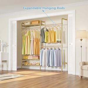 Timate f2 industrial pipe clothes rack wall mounted clothing rack for hanging clothes expandable garment rack heavy duty wardrobe closet organizer and storage adjustable industrial closet kit gold  urban country home decor